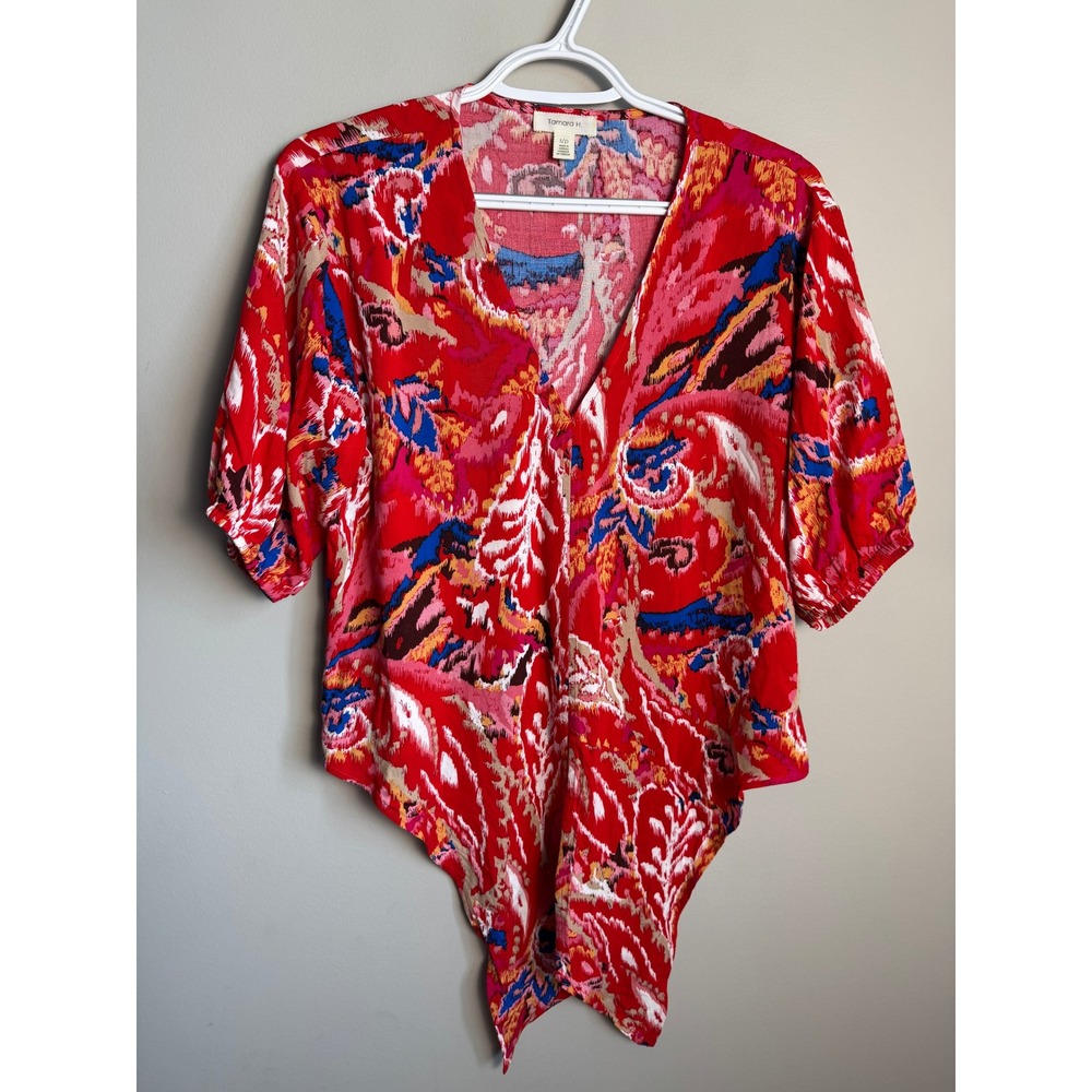 Tamara H. Red Ikat Abstract Tie Front Crop Top Small Boho Festival Summer Blouse